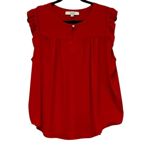 LOFT Women’s Sleeveless Blouse Large Red Ruffle Trim Keyhole Neck Flowy Top - Picture 1 of 13